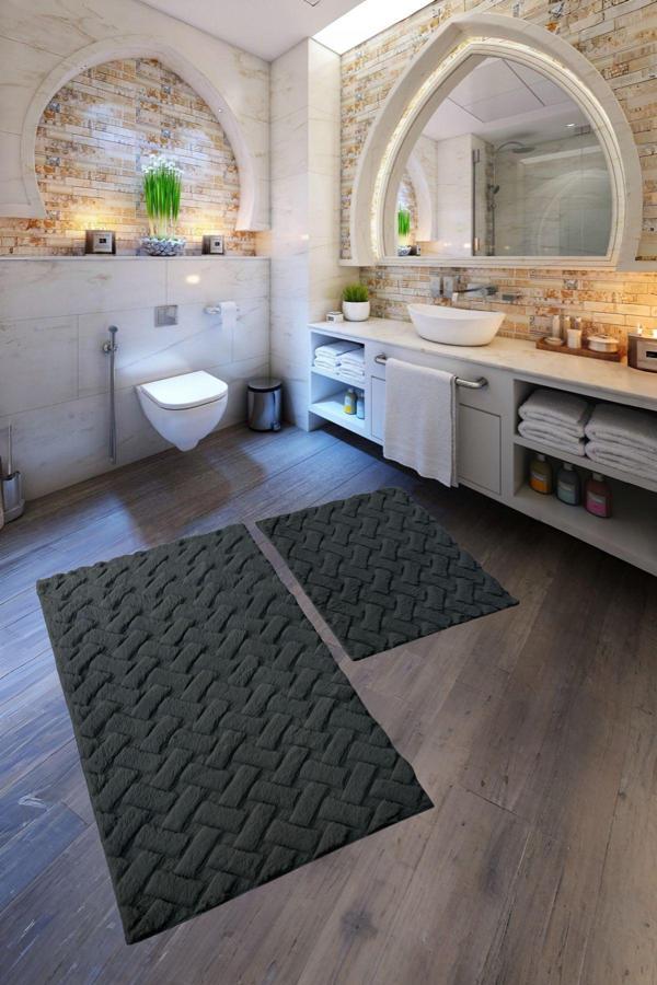 Desenli Tavşan Tüyü Yumuşak 2’li Banyo Paspası – Kaymaz Tabanlı Klozet Takımı Antrasit - Image 1