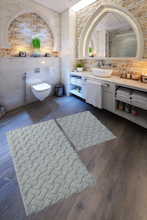 Desenli Tavşan Tüyü Yumuşak 2’li Banyo Paspası – Kaymaz Tabanlı Klozet Takımı Gri - Image 1