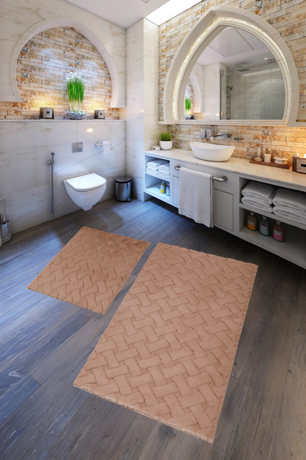 Desenli Tavşan Tüyü Yumuşak 2’li Banyo Paspası – Kaymaz Tabanlı Klozet Takımı Camel - Image 1