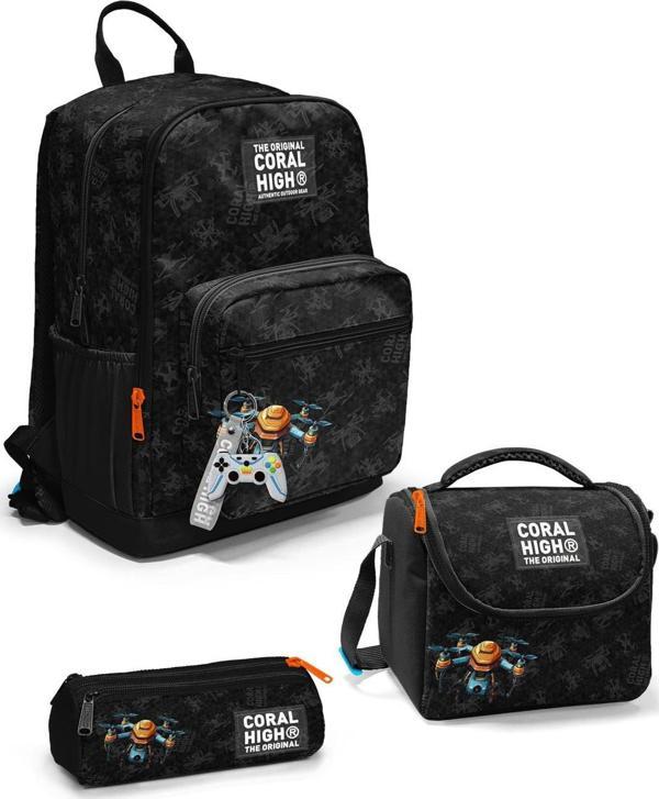 Coral High Siyah Drone Desenli 3’lü Okul Çanta Seti SET0123691 - Image 1