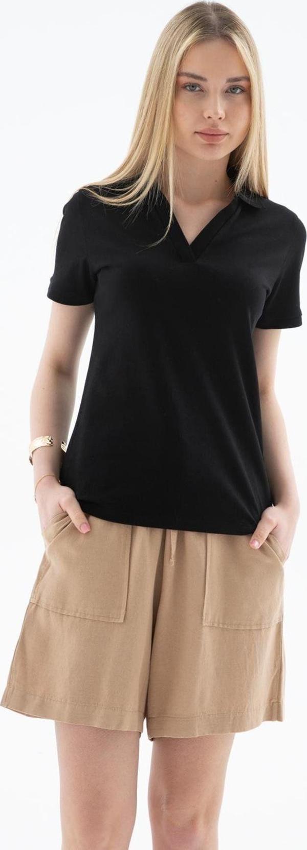 Fashion Friends Polo V Yaka Esnek Pamuklu Tişört Siyah - Image 1