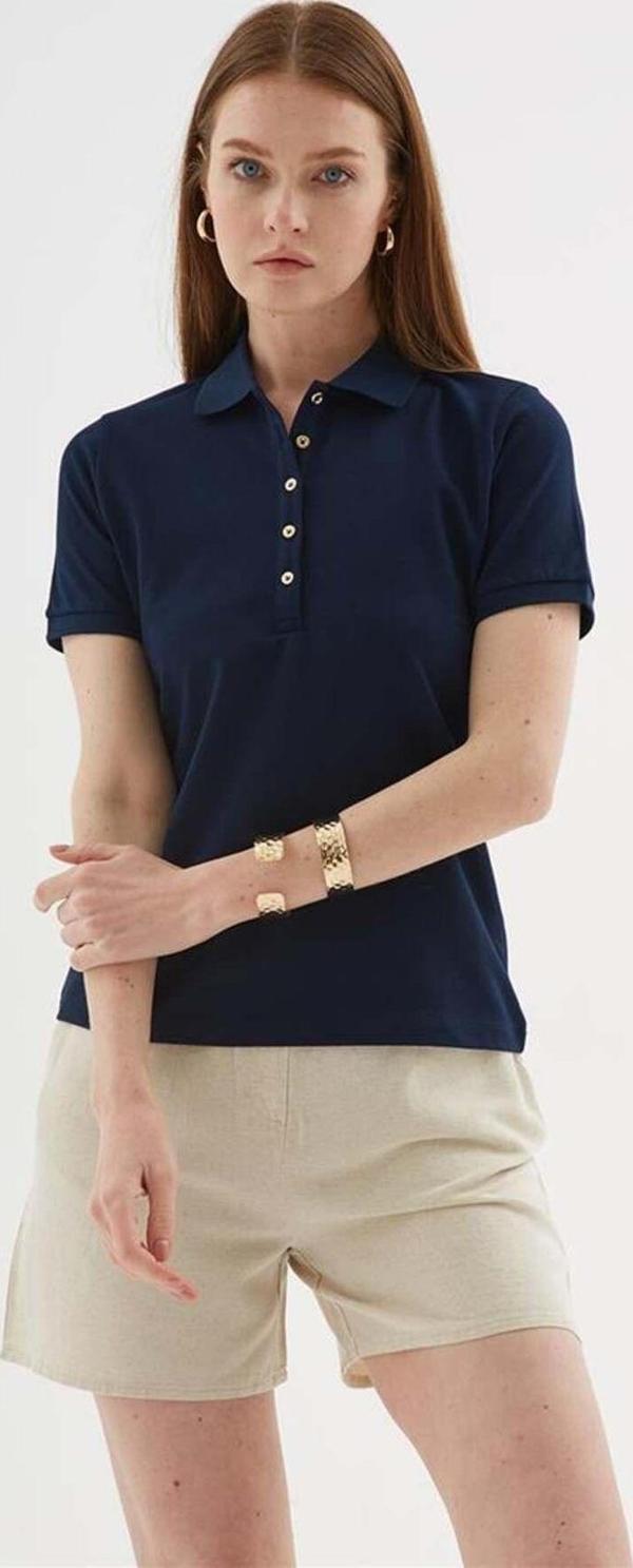 Fashion Friends Polo Yaka Kısa Kollu Esnek Pamuklu Tişört Lacivert - Image 1