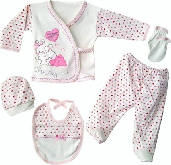 Mdrandy %100 Pamuk 5'Li Pembe Kız Bebek Hastane Çıkışı Yenidoğan Zıbın Set - Image 1