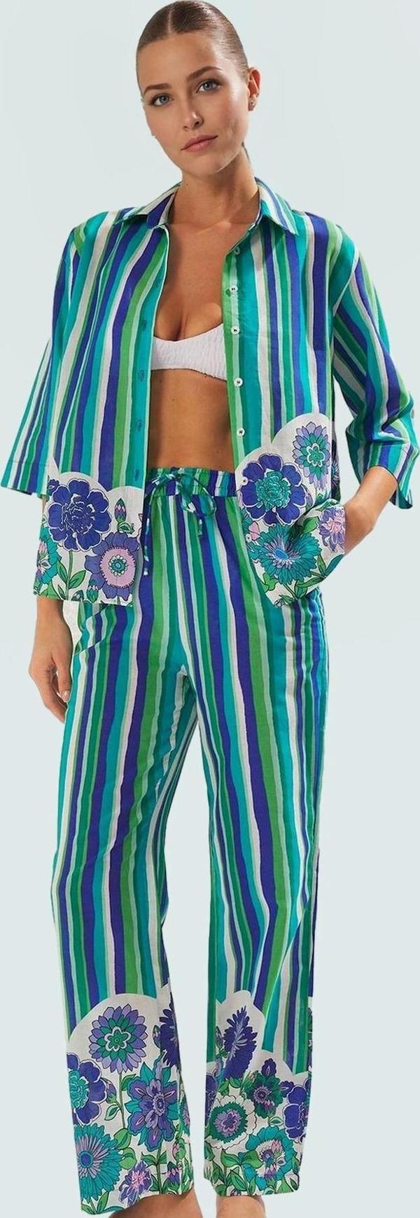 Yazlık Çizgili Pamuk Viskoz Plaj Takımı Rahat Kesimli Uzun Pantolon Trend Tasarım Dayanıklı Malzeme - Image 1