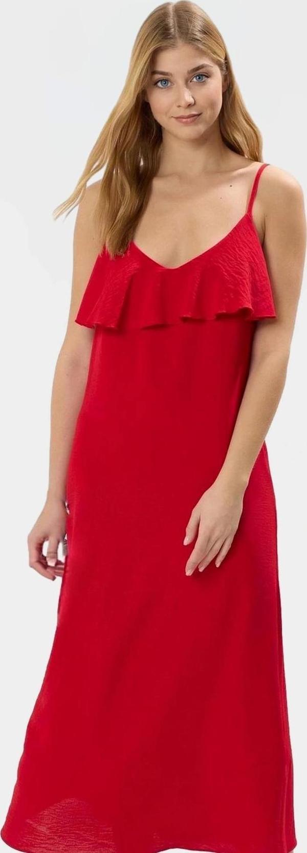 Maxi Dokuma Elbise V Yaka Fırfırlı Tasarım Günlük Yazlık Kıyafet Premium Kalite Trend - Image 1