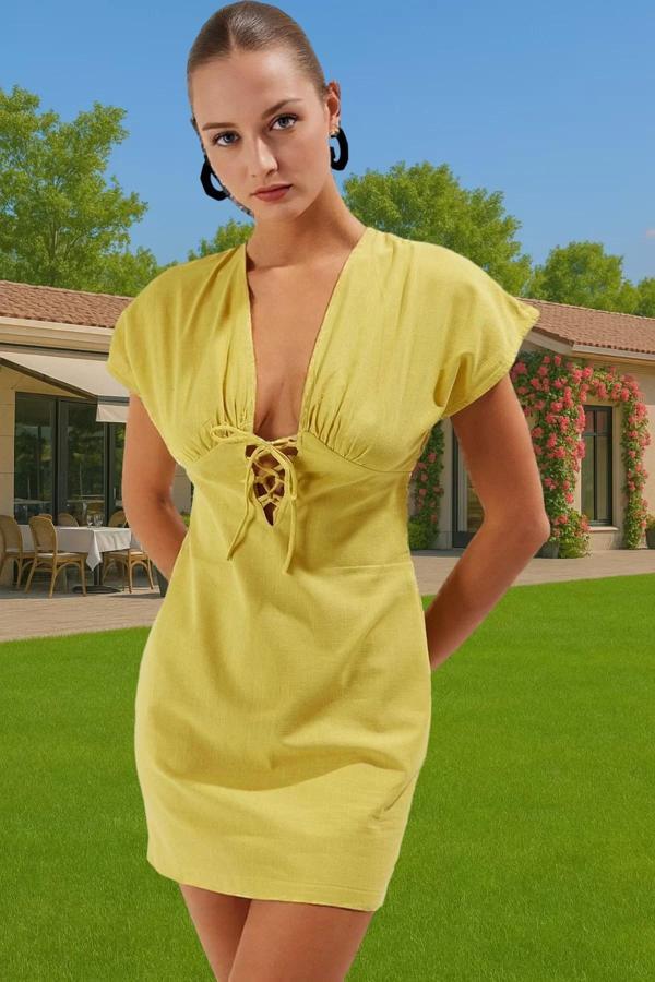 Kadın Mini Boy V Yaka Bağcıklı Flamlı Pamuk Plaj Elbisesi Konforlu Kesim Trend Tasarım Uzun Ömürlü - Image 1