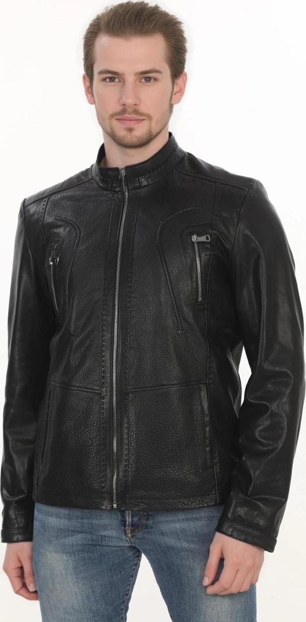 Erkek Motorcu Ruhuna Hitap Eden Derimont Slim Fit Hakiki Kuzu Derisi Siyah Erkek Deri Ceket - Image 1