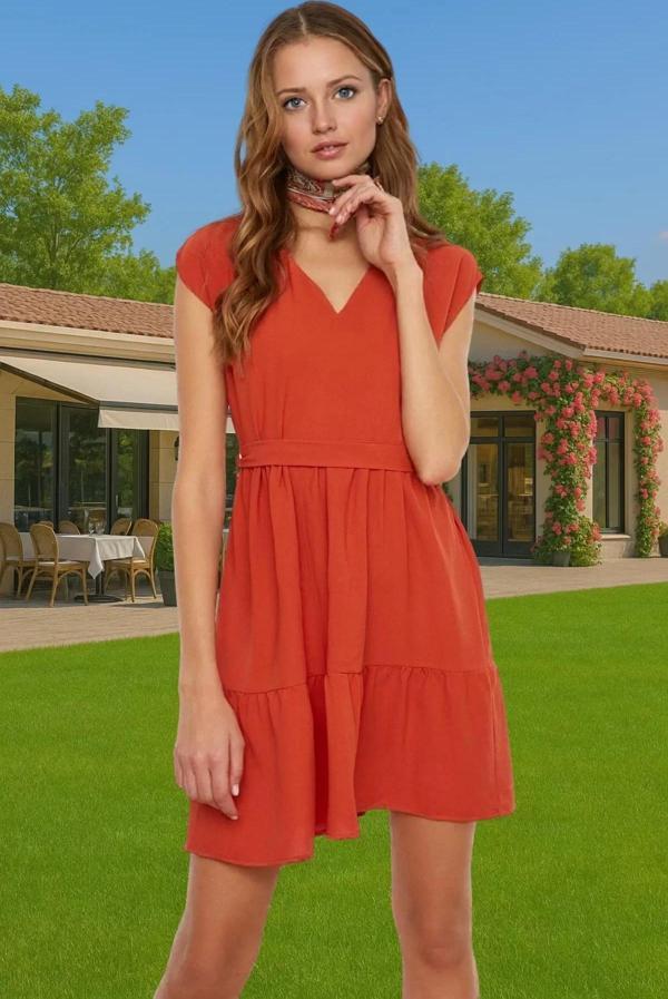 Yazlık Mini Dokuma Elbise Bel Kuşağı Detaylı Polyester Kumaş Günlük Zarifane Tasarım Konforlu Kesim - Image 1