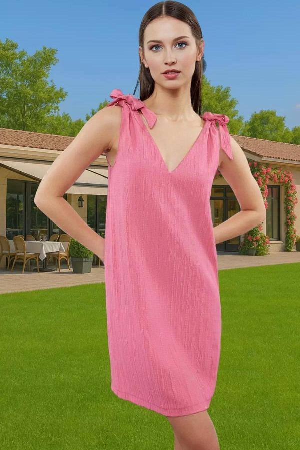 Yazlık Mini Dokuma Bağlamalı Elbise Rahat Kalıp Polyester Plaj Premium Kalite Mükemmel Uyum - Image 1