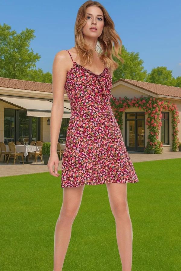 Çiçek Desenli A Kesim Mini Elbise Viskoz Yazlık Günlük Elbise Rahat Kullanım Modern Stil - Image 1