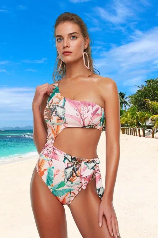 Desenli Tek Omuz Mayo Su Sporu Kıyafeti Klora Dayanıklı Plaj Mayosu Banyo - Image 1