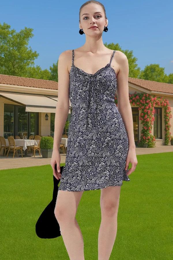 Çiçek Desenli A Kesim Mini Elbise Viskoz Yazlık Günlük Elbise Rahat Kullanım Modern Stil - Image 1