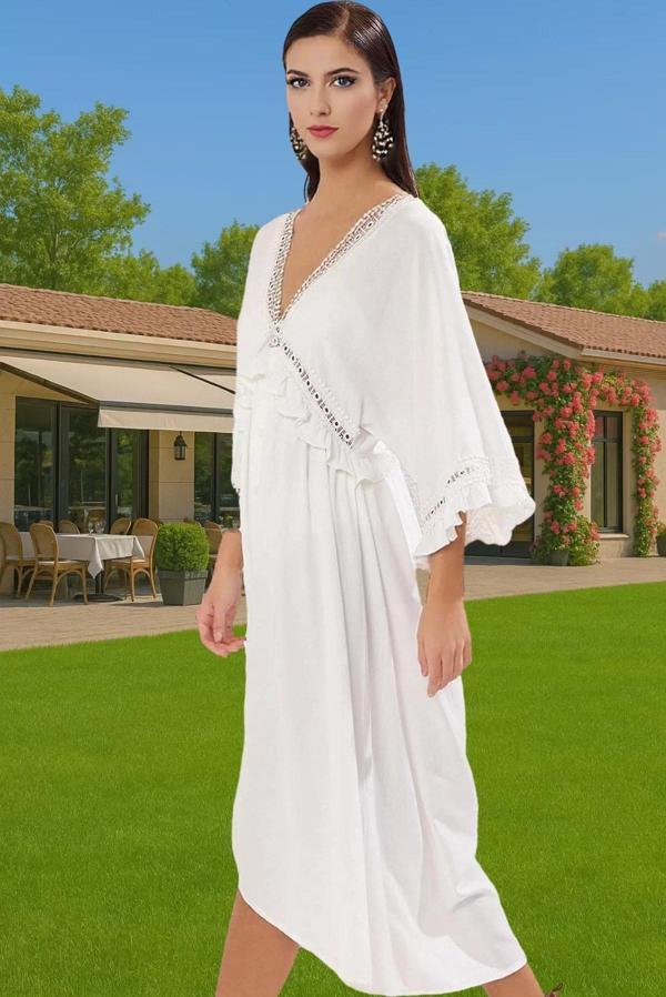 Maxi Dokuma Volanlı Plaj Elbisesi Viskoz Polyester Yaz Yüksek Kalite Konforlu Kesim Modern Stil - Image 1