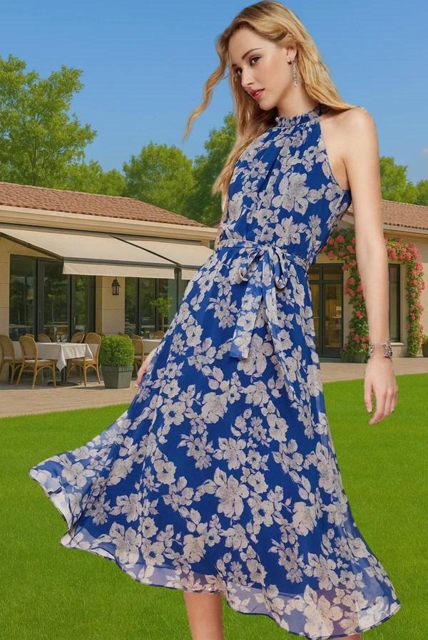 Çiçek Desenli A Kesim Midi Elbise Şifon Kumaş Yazlık Günlük Rahat Kullanım Dayanıklı Malzeme - Image 1