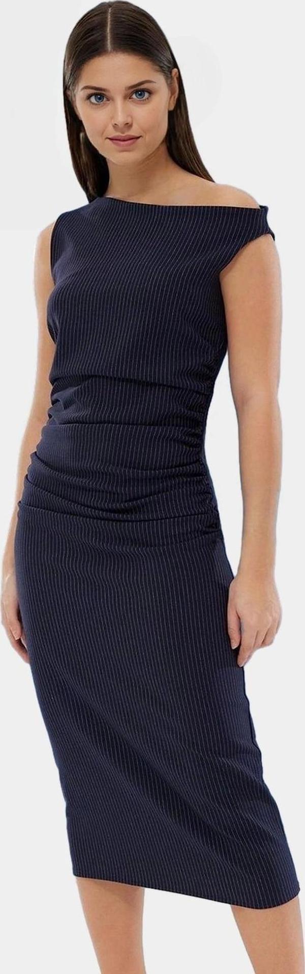 Şık Çizgili Midi Elbise Yazlık Vücudu Saran Dokuma Kumaş Dayanıklı Malzeme Premium Kalite - Image 1