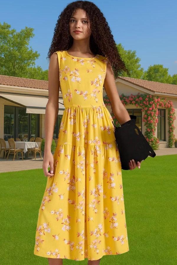 Yazlık Çiçekli Desenli Midi Skater Elbise Viskoz Kumaş Günlük Yüksek Kalite Özenle Seçilmiş - Image 1