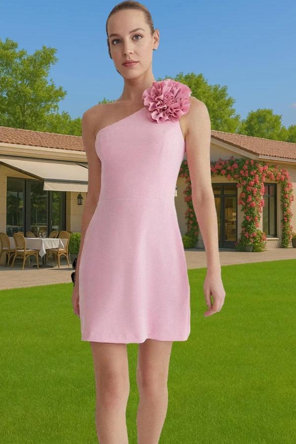 Şık A Kesim Mini Abiye Elbise Dokuma Kumaş Gül Detaylı Zarifane Tasarım Yüksek Kalite Premium Kalite - Image 1