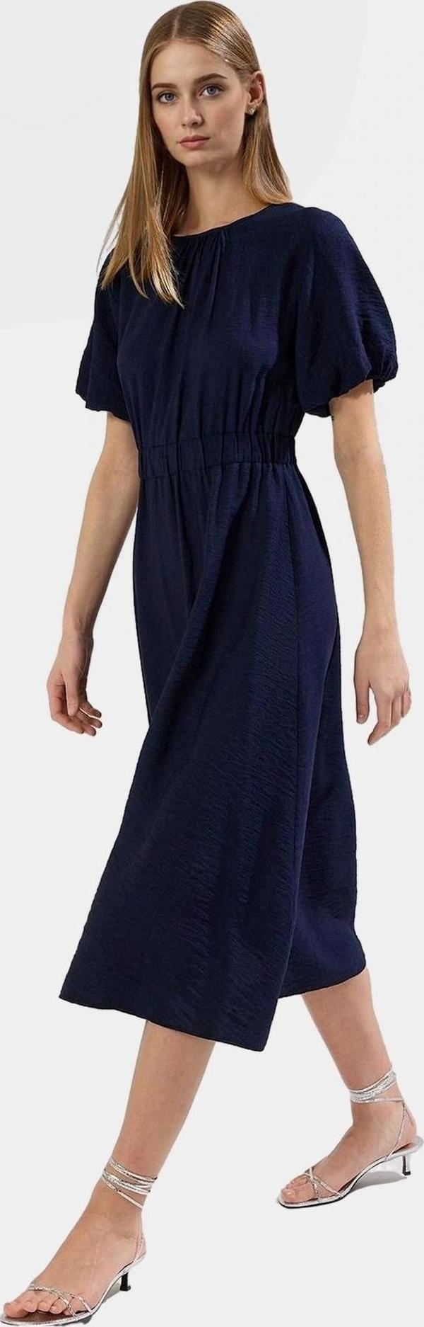 A Line Keten Görünümlü Midi Elbise Balon Kol Polyester Dokuma Mükemmel Uyum Rahat Kullanım - Image 1