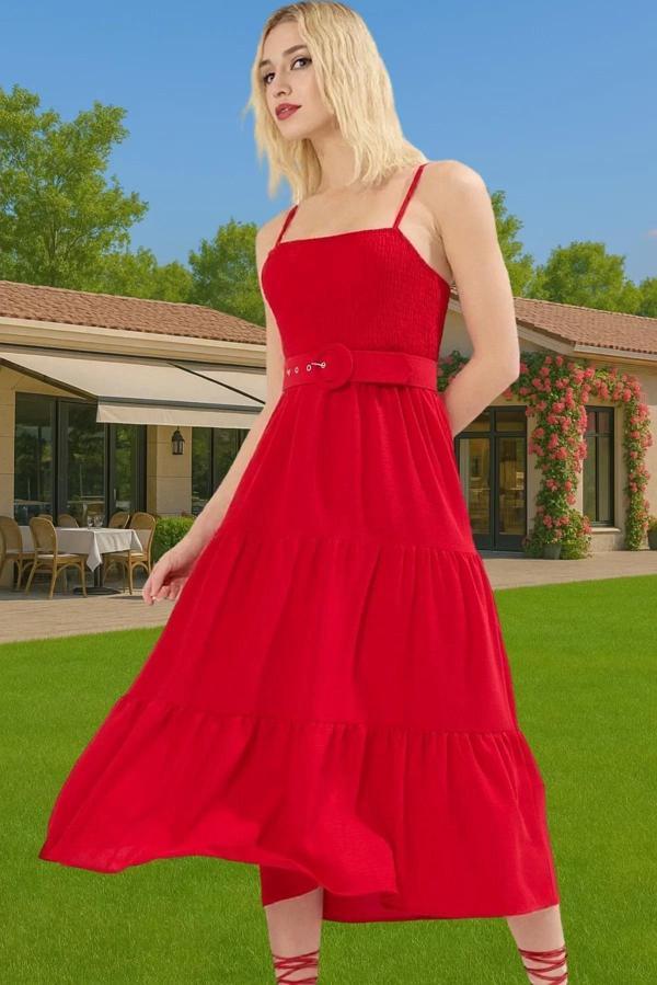 Kadın Midi Boy Askılı Pileli Bel Kemerli Polyester Günlük Elbise Profesyonel Görünüm Özenle Seçilmiş - Image 1
