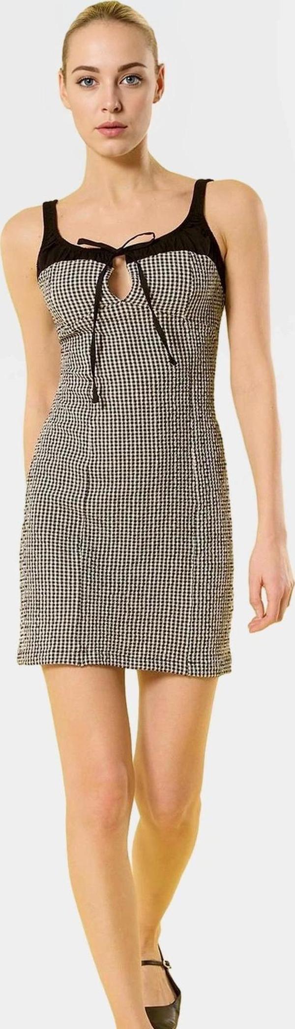 Şık Mini Ekose Elbise Vücudu Saran Bağcıklı Havuz Yaka Polyester Yazlık Dayanıklı Malzeme - Image 1