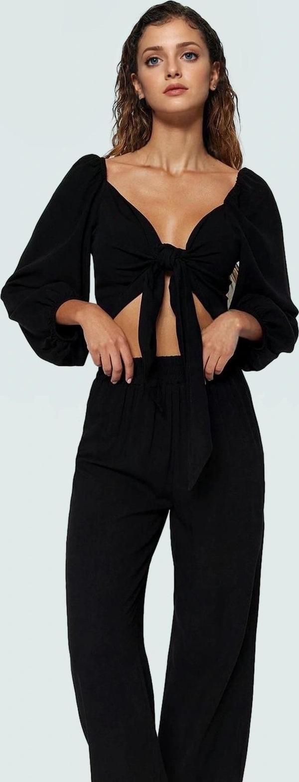 Şık Viskoz Dokuma Uzun Kollu Bağlamalı Bluz Pantolon Takım Yüksek Kalite Görünüm - Image 1