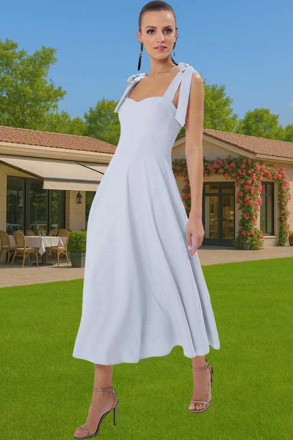 Şık A Kesim Midi Abiye Elbise Bağcıklı Askı Detaylı Dokuma Kumaş Yüksek Kalite Zarifane Tasarım - Image 1