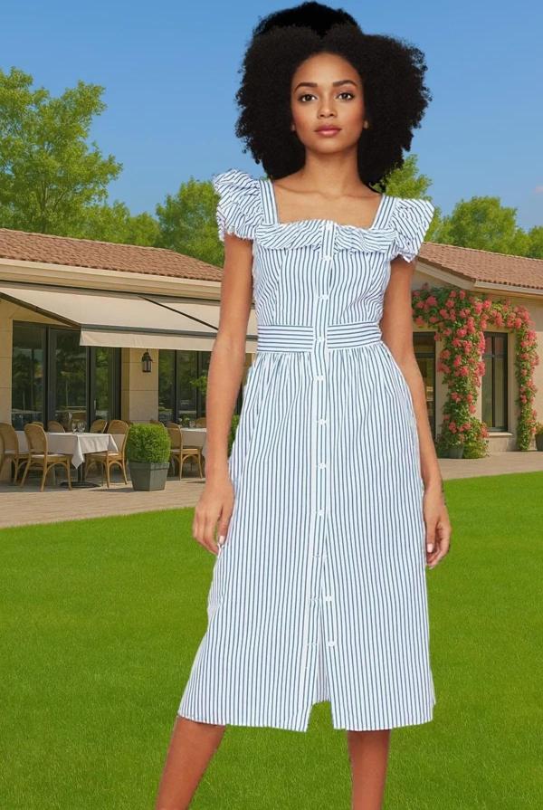 Yazlık Çizgili Midi Gömlek Elbise Pamuklu Polyester Günlük Stil Konforlu Kesim Şık Görünüm - Image 1