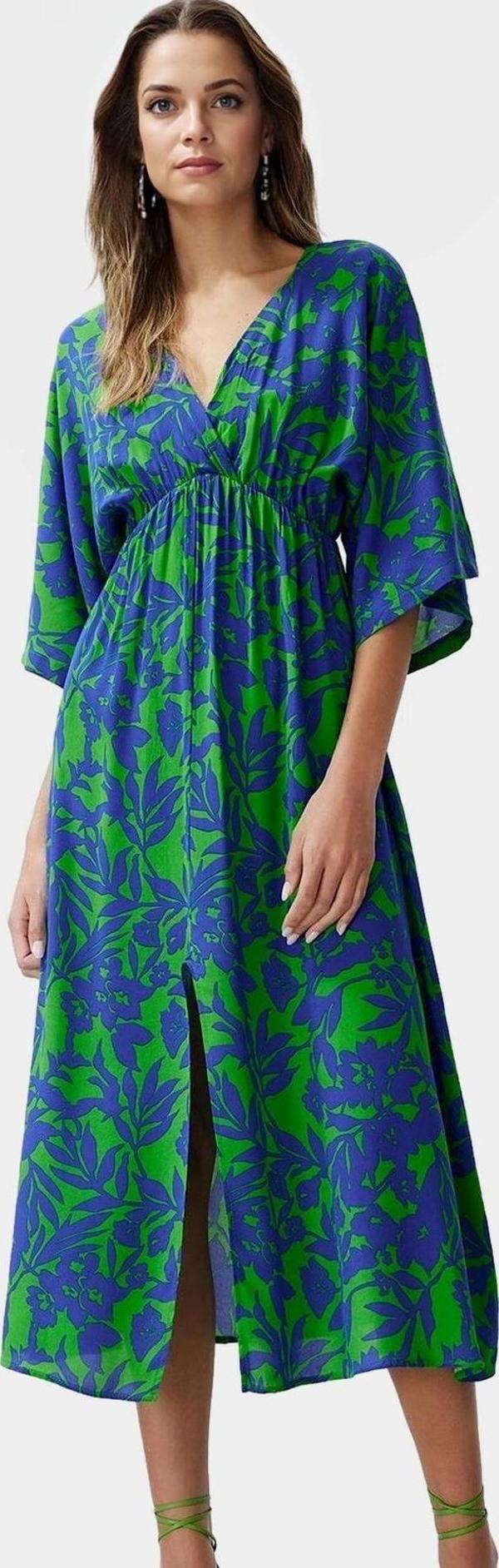 Çok Etnik Desenli Midi Viskoz Elbise A Kesim Truvakar Kol Yazlık Seçkin Malzeme - Image 1