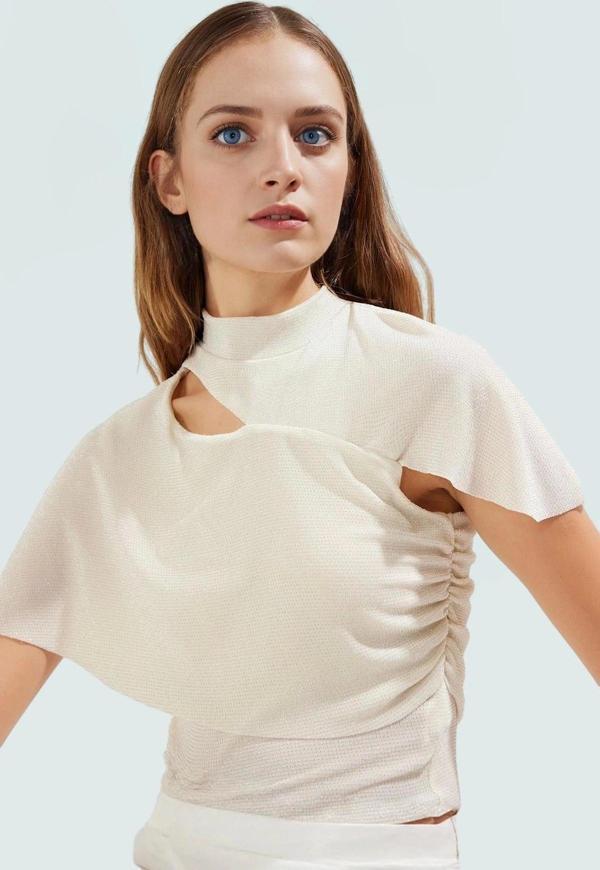 Parıltılı Simli Örme Bluz Dik Yaka Yazlık Şık Günlük Kullanım İçin Rahat Ve - Image 1