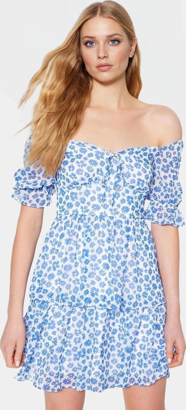 Çiçekli Mini Elbise Astarlı Kısa Kol Dokuma Yazlık Özenle Seçilmiş Mükemmel Uyum - Image 1