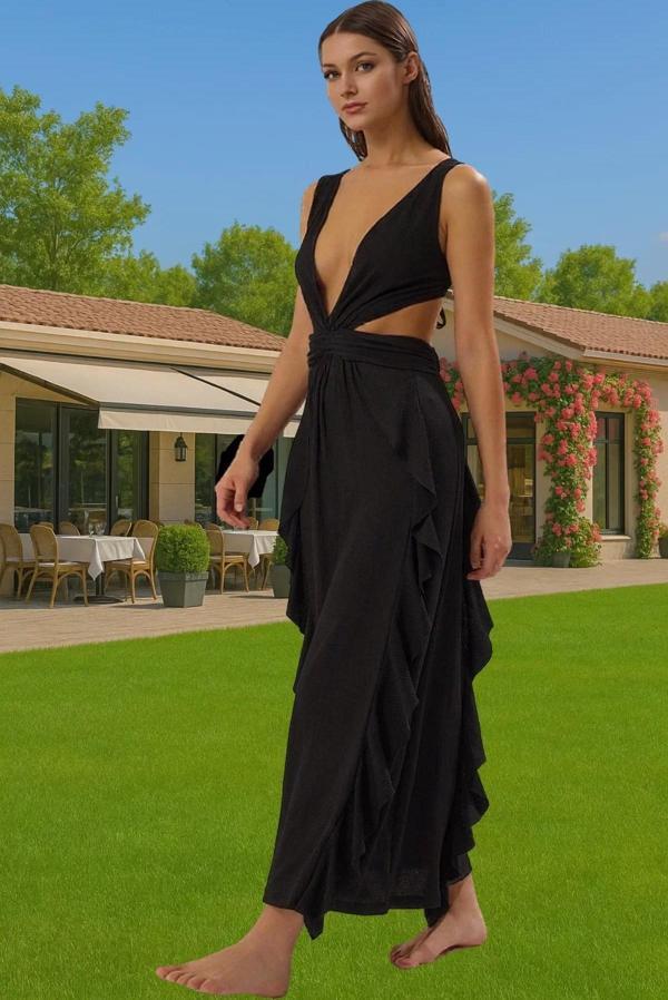 Maxi Örme Cut Out V Yaka Plaj Elbisesi Dokulu Polyester Yazlık Zarifane Tasarım Yüksek Kalite - Image 1