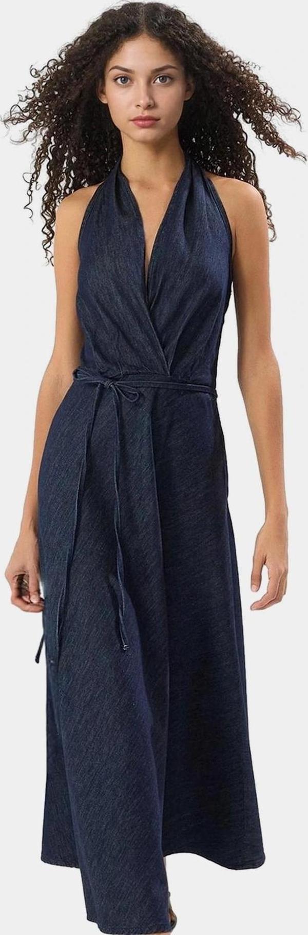 Maxi Denim Elbise Halter Yaka Volanlı Detaylı Rahat Yazlık Premium Kalite Kaliteli İşçilik - Image 1