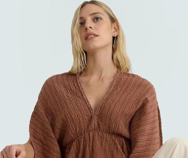 Keten Karışımlı Dokuma Bluz V Yaka Kısa Kollu Rahat Yazlık Profesyonel Görünüm Kullanım - Image 1