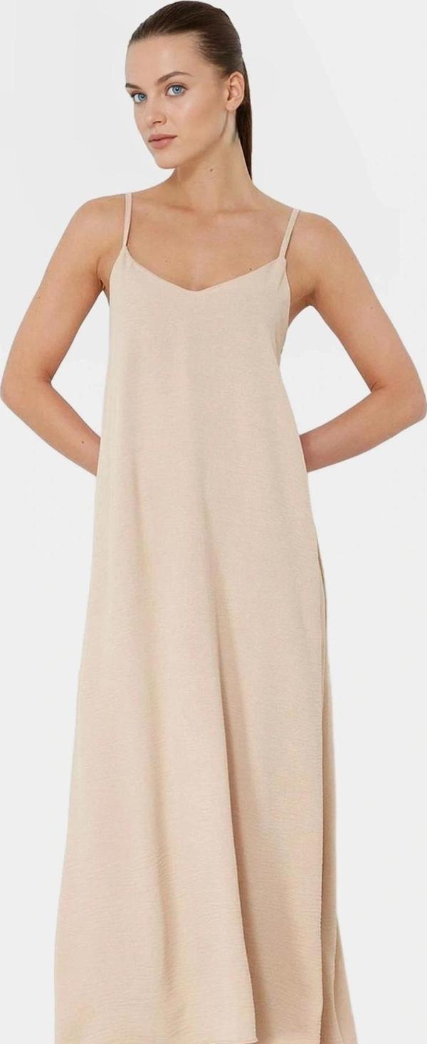 Maxi Dokuma Elbise V Yaka Shift Kalıp Polyester Yazlık Rahat Konforlu Kesim Seçkin Malzeme - Image 1