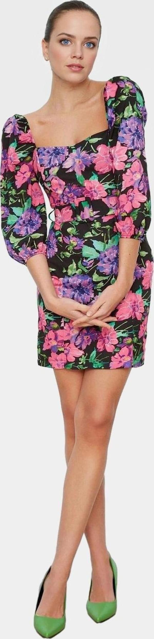 Çiçekli Desenli Mini Elbise Truvakar Kol Queen Crep Dokuma Yazlık Trend Tasarım - Image 1