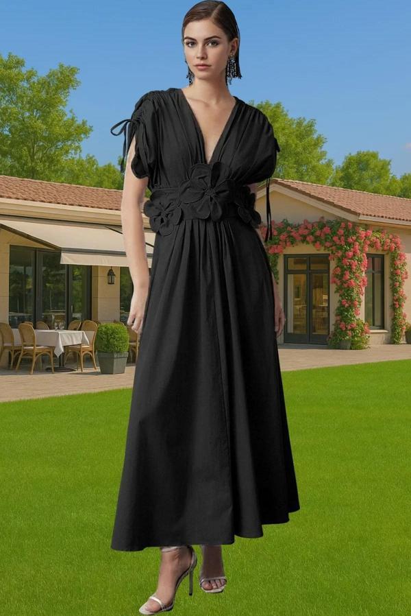 Kadın Poplin Midi Boy Abiye Elbise 3D Çiçek Detaylı V Yaka Konforlu Kesim Premium Kalite - Image 1