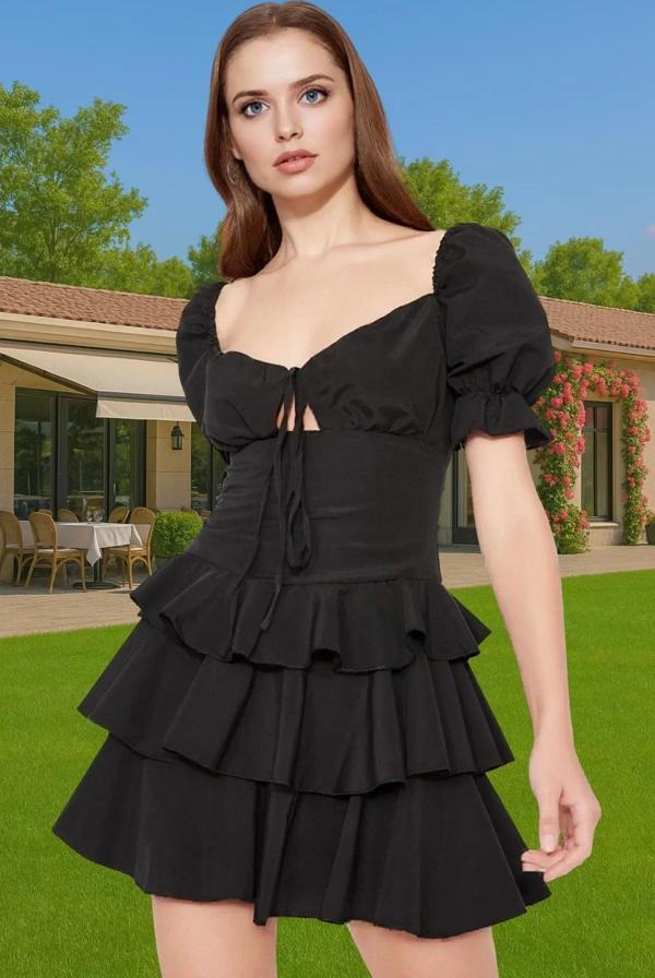 A Kesim Volanlı Poplin Mini Elbise Pamuklu Rahat Yazlık Premium Kalite Trend Tasarım Modern Stil - Image 1