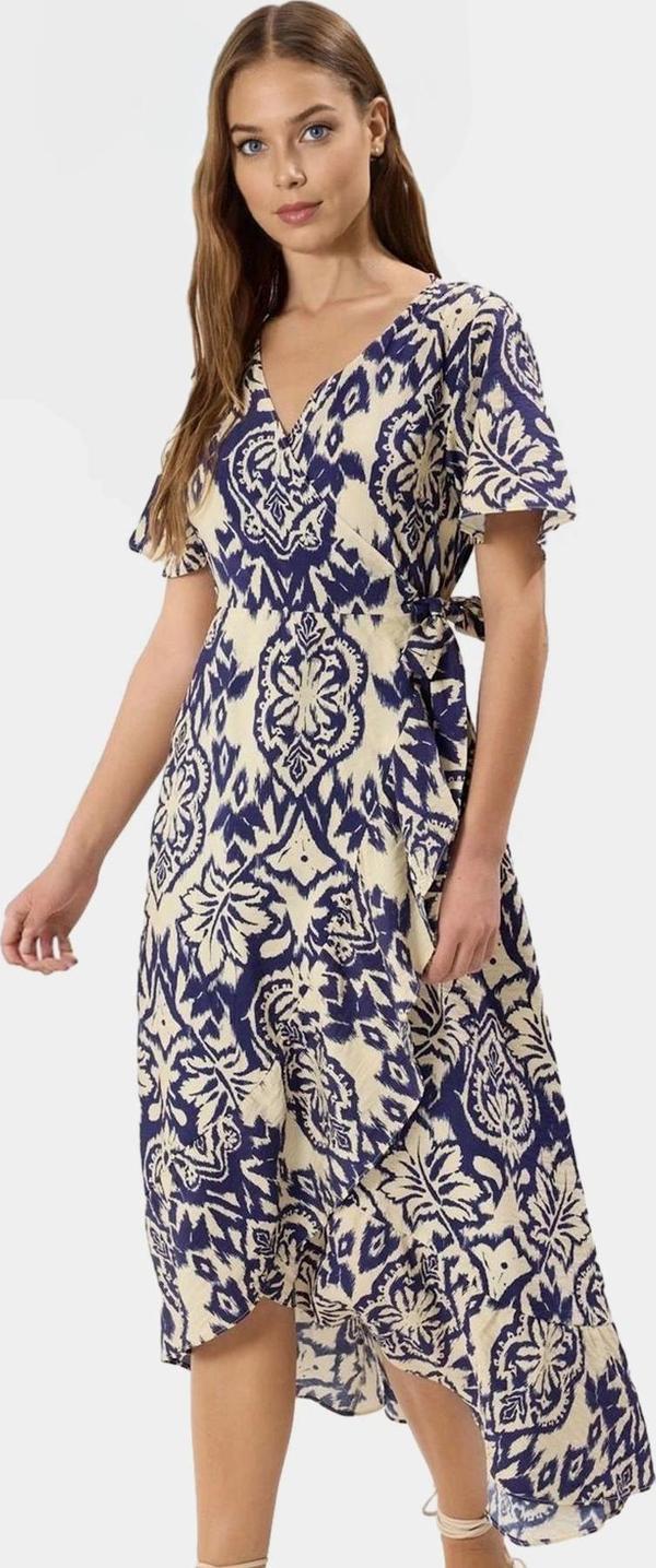 Şal Desenli Midi Boy Kruvaze Viskoz Elbise Yazlık Rahat Günlük Stil Trend Tasarım Ve Şık - Image 1