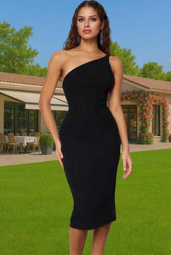 Şık Abiye Elbise Tek Omuzlu Bodycon Midi Dokuma Yaz Özel Tasarım Şık Görünüm Trend Tasarım - Image 1