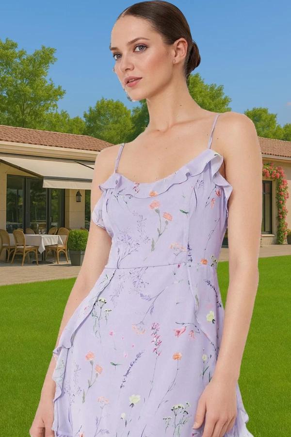 A Kesim Şifon Elbise Çiçekli Desenli Mini Boy Polyester Yazlık Seçkin Malzeme Mükemmel Uyum - Image 1