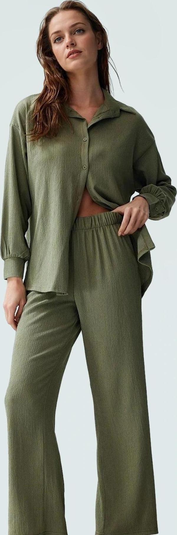 Kadın Regular Kalıp Polyester Dokuma Gömlek Pantolon Takım Yazlık Dayanıklı Malzeme - Image 1
