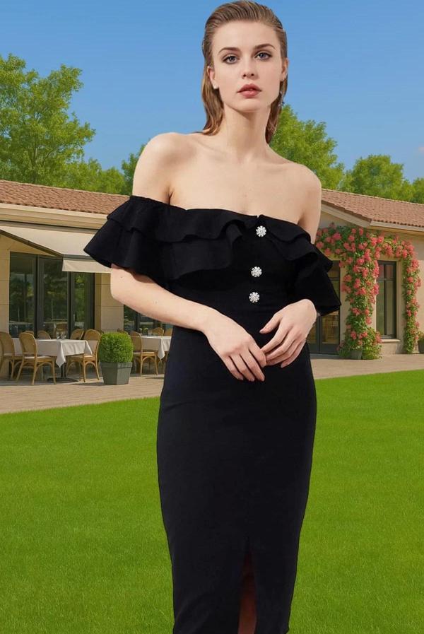 Kadın Midi Boy Siyah Taş Detaylı Dokuma Abiye Elbise Uzun Ömürlü Şık Görünüm Modern Stil Modern Stil - Image 1