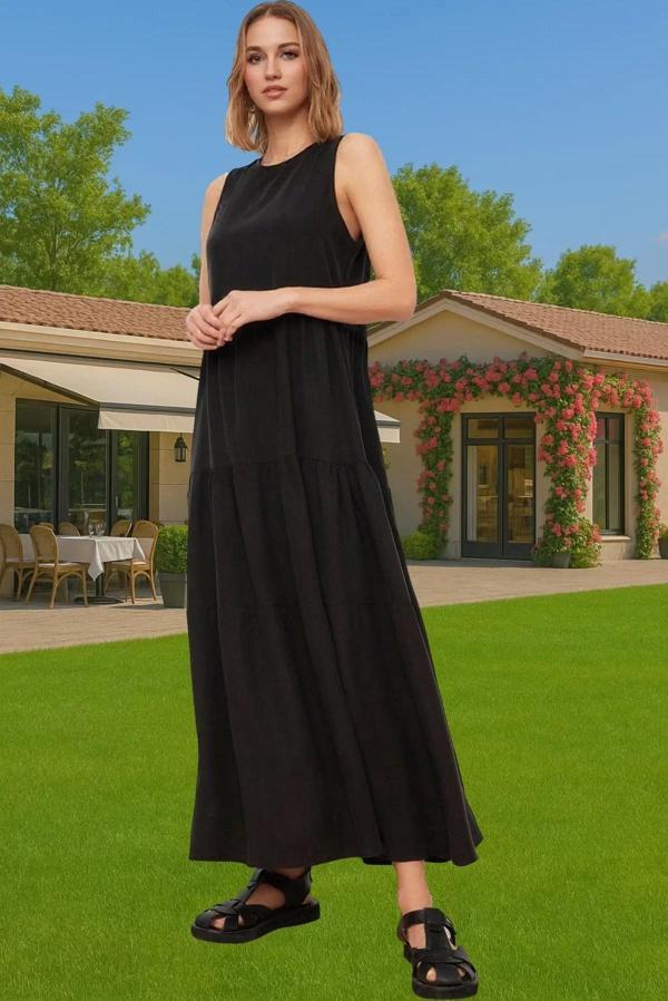 Şık Maxi Boy Kolsuz Viskoz Dokuma Elbise Rahat Günlük Stil Seçkin Malzeme Şık Görünüm Özel Tasarım - Image 1