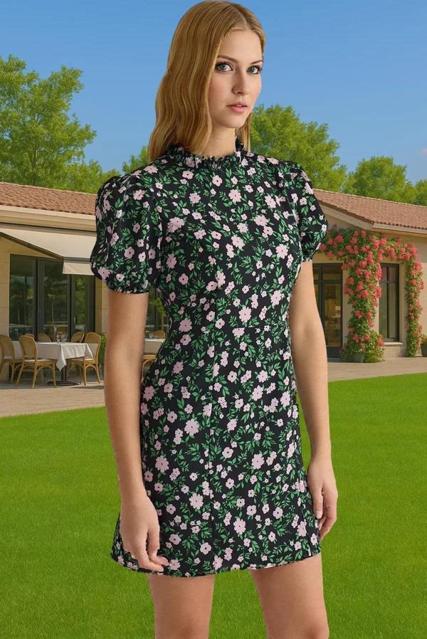 Çiçekli A Kesim Mini Elbise Polyester Moss Krep Yazlık Günlük Konforlu Kesim Şık Görünüm - Image 1