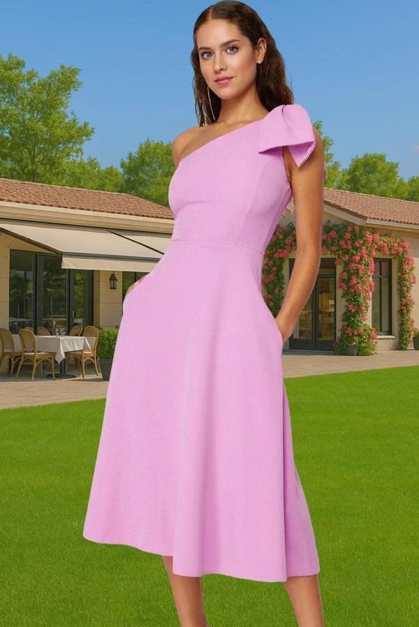 Asimetrik Yaka Tek Kol Midi Boy A Kesim Fiyonklu Dokuma Abiye Elbise Trend Tasarım Uzun Ömürlü - Image 1