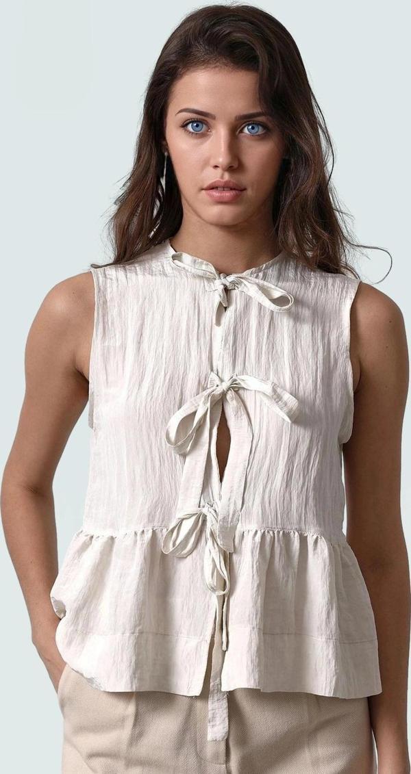 Keten Görünümlü Büzgülü Crop Bluz Rahat Yazlık Stil Dayanıklı Malzeme Kullanım - Image 1