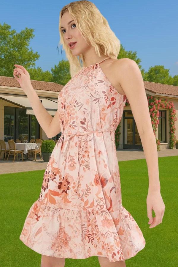 Çiçekli Desenli Mini Şifon Elbise Düz Kesim Halter Yaka Yazlık Modern Stil Günlük Kullanım İçin - Image 1