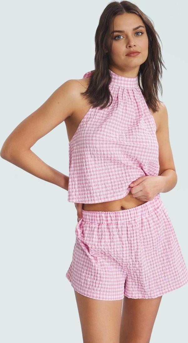 Kadın Ekose Gofre Dokuma Bluz Şort Takım Yazlık Plaj Şık Görünüm Günlük Kullanım İçin - Image 1
