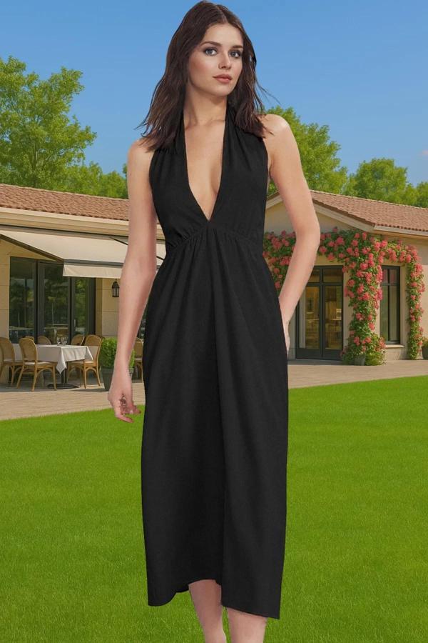 Maxi Bubble Krep Dokuma Plaj Elbisesi V Yaka Yazlık Modern Stil Rahat Kullanım Rahat Ve Şık - Image 1