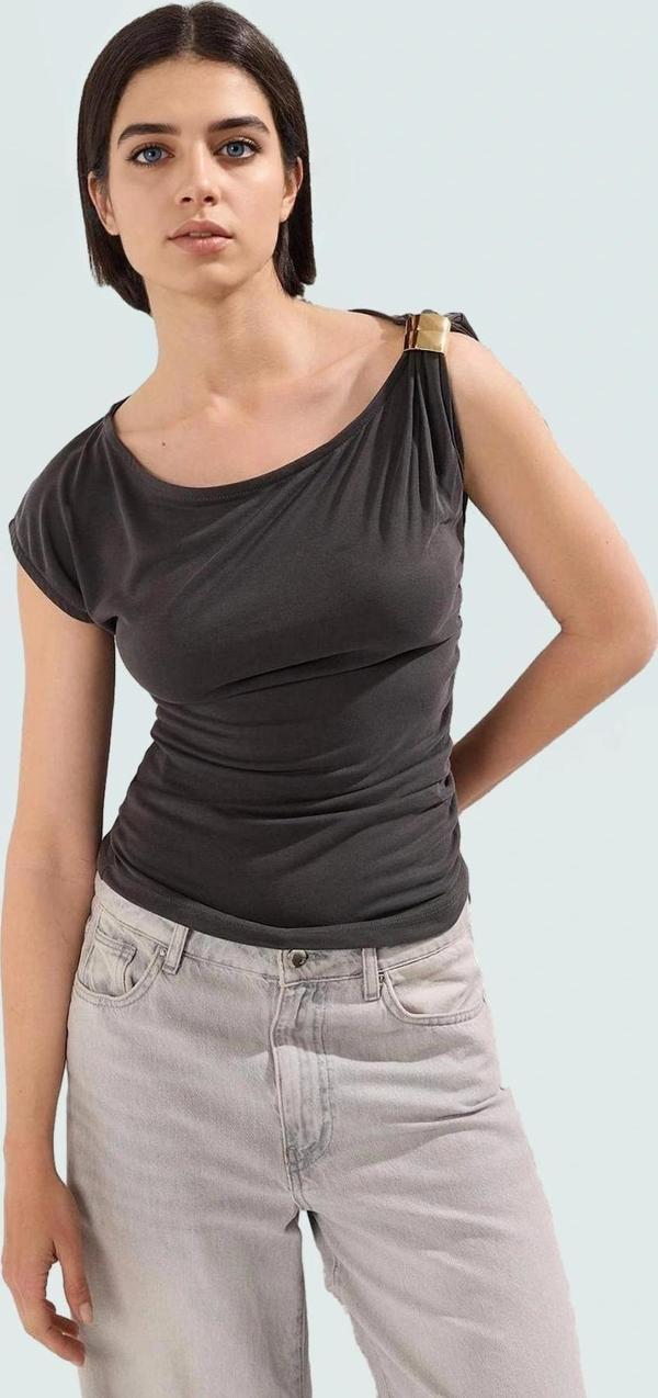 Asimetrik Yaka Kısa Kollu Modal Örme Bluz Günlük Stil Uzun Ömürlü Rahat Ve Şık Konforlu Kesim - Image 1